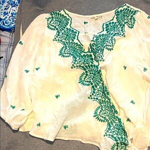 Hope Springs cream flowy Blouse with Green Embroidery